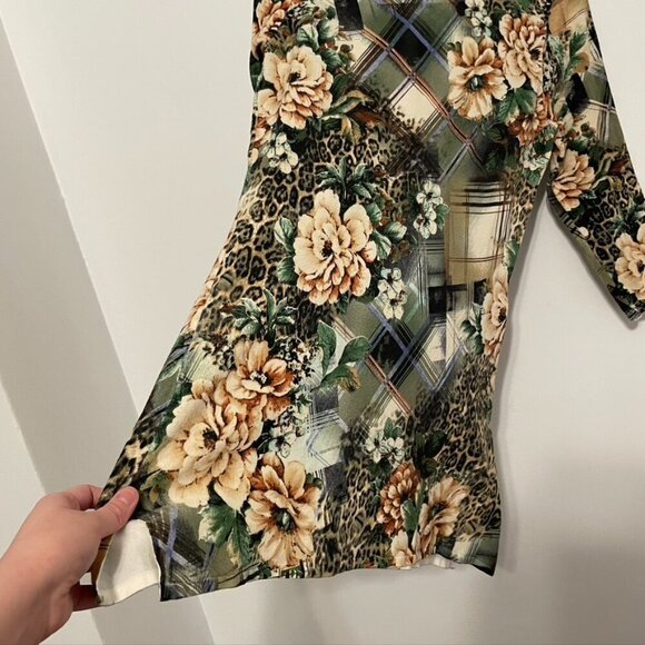 ALBERTO MAKALI Green Cream Leopard Cheetah Animal Floral Plaid 3/4 Sleeve Tunic - Picture 10 of 10